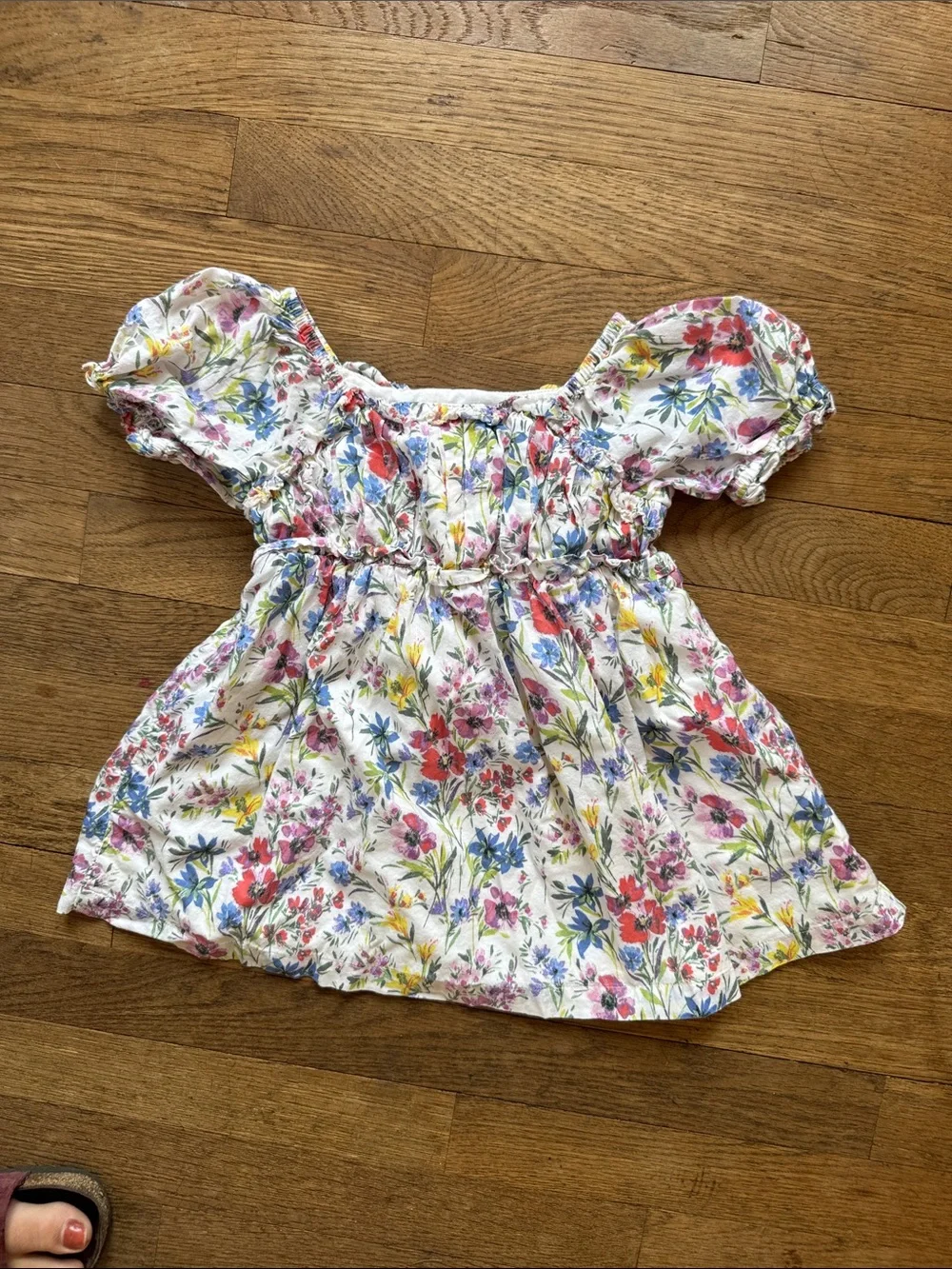 Floral Puff-Sleeve Girls' Top - White Multi